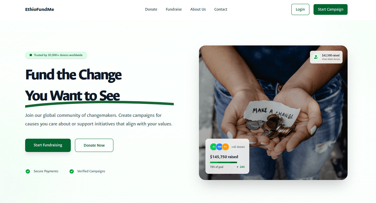 Ethio Fund Me — campaign discovery page with active fundraisers
